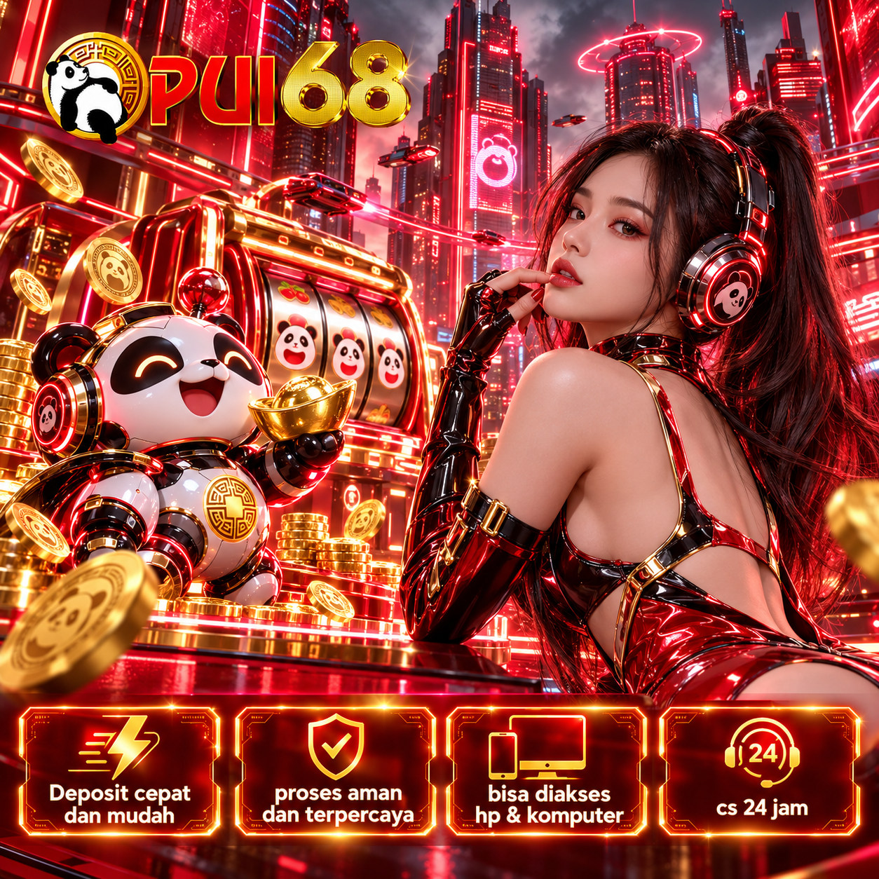 Banner PUI68 dengan kota futuristis merah, maskot panda dan figur berkostum teknologi