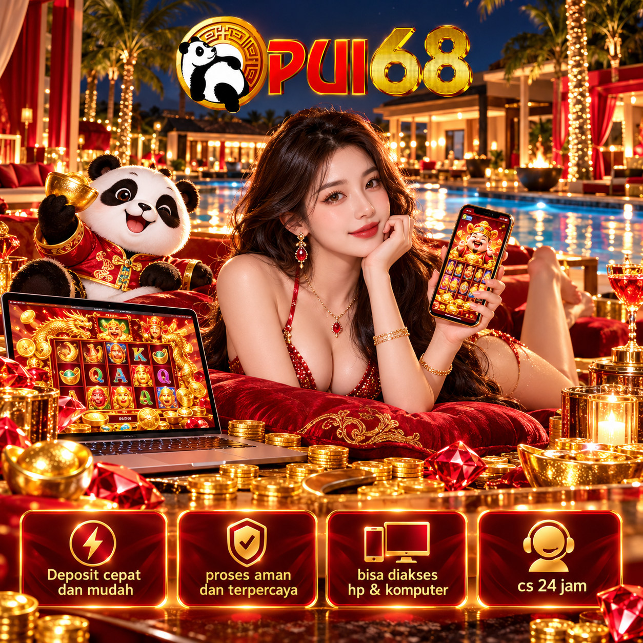 Banner PUI68 di resor bercahaya dengan maskot panda, figur dan perangkat digital
