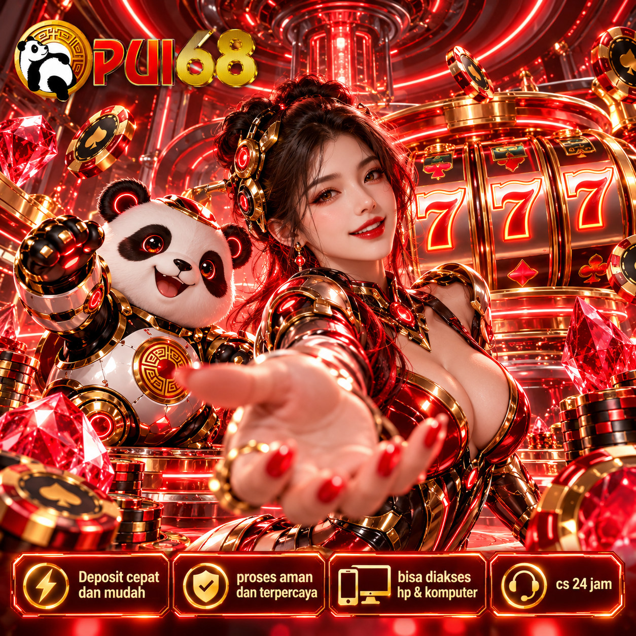 Banner PUI68 dengan panda robot dan figur di ruang mesin futuristis merah emas